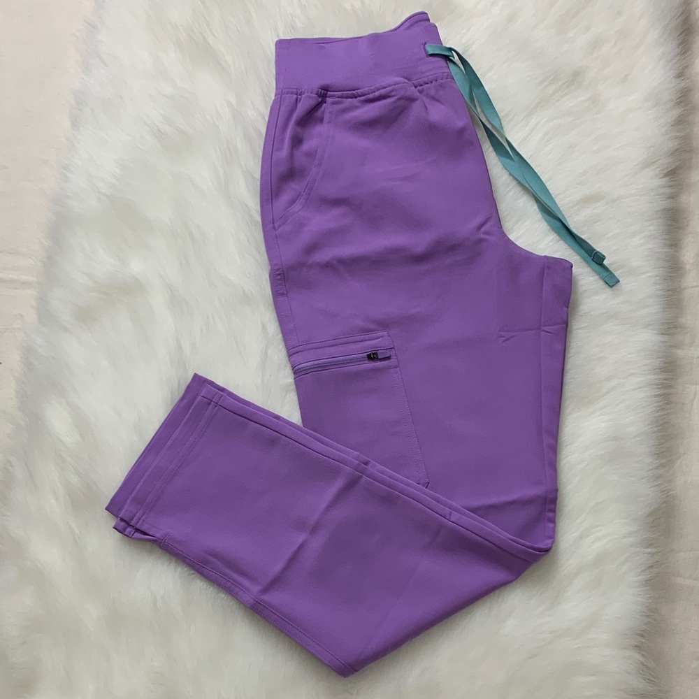 Figs Lavender High Waisted Yola Cargo Pants with Teal Drawstring